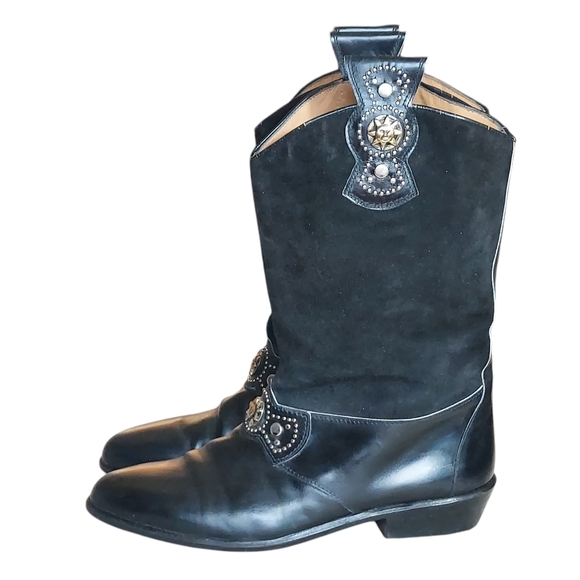 R. Martegani's Sun God Studded Black Leather with Decorative Ankle Strap Boots - Picture 2 of 15
